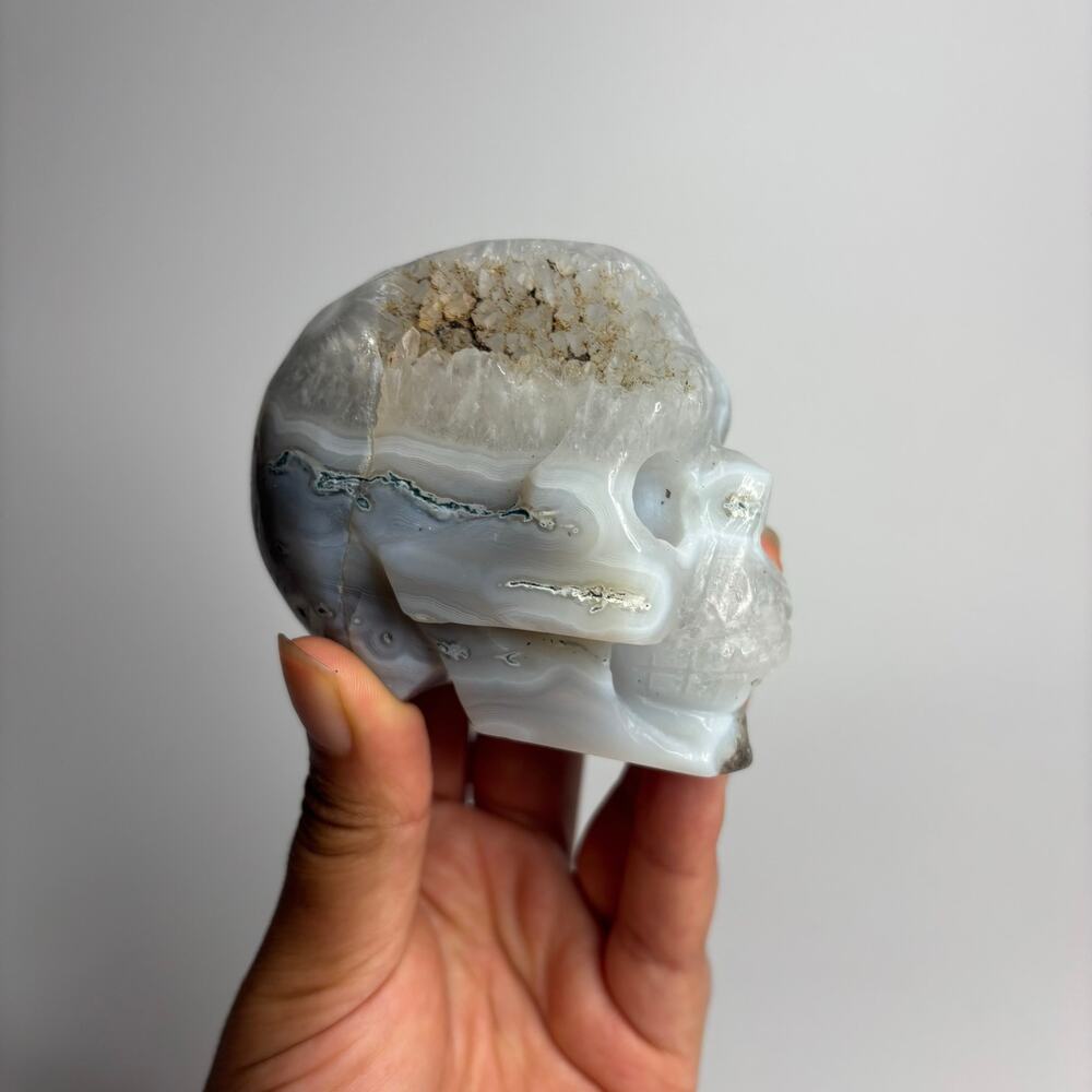 Banded Moss Agate Crystal Skull with Druzy Quartz Carving
